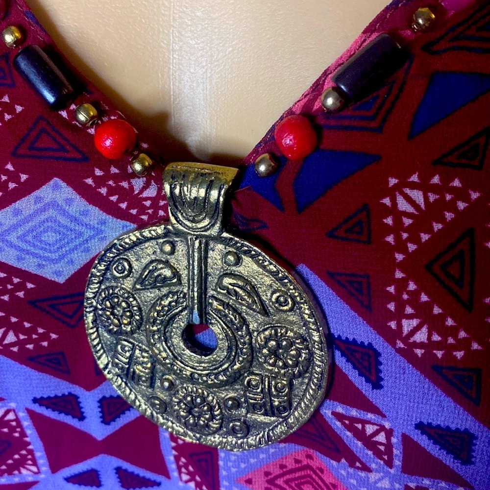 Diva Collection V Tunic  beaded neck and medallion Scarlet Geometry Print Tunic